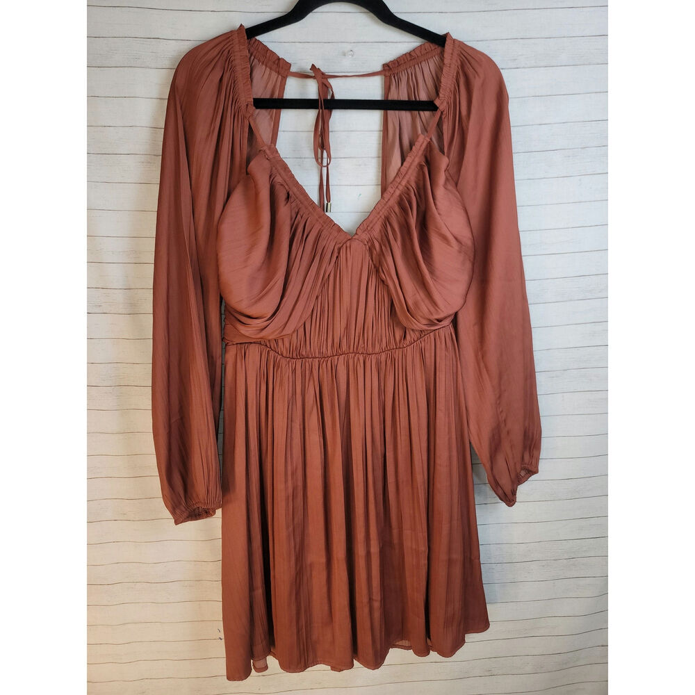 Anthropologie Shirred Cut Out Rust Long Sleeve Dress